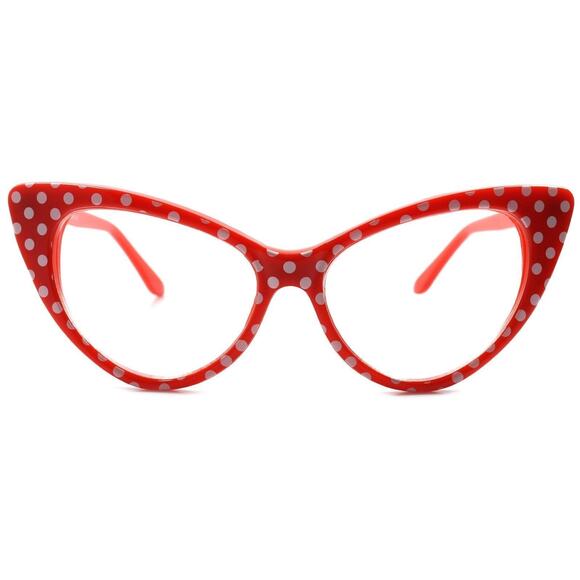 Classic Retro Style Womens Polka Dots Red Frame Cat Eye Clear Lens Glasses - Picture 4 of 4